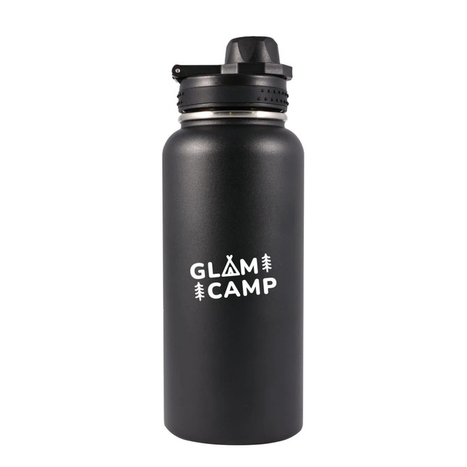 A drink bottle with a matte black finish, featuring a screw top lid and a logo.