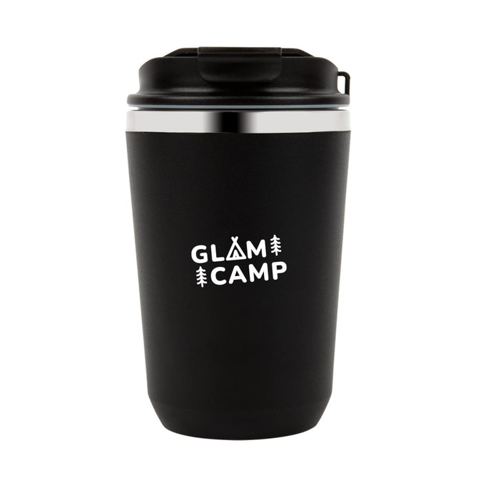 A black drink bottle with a silver band at the top, featuring a logo.