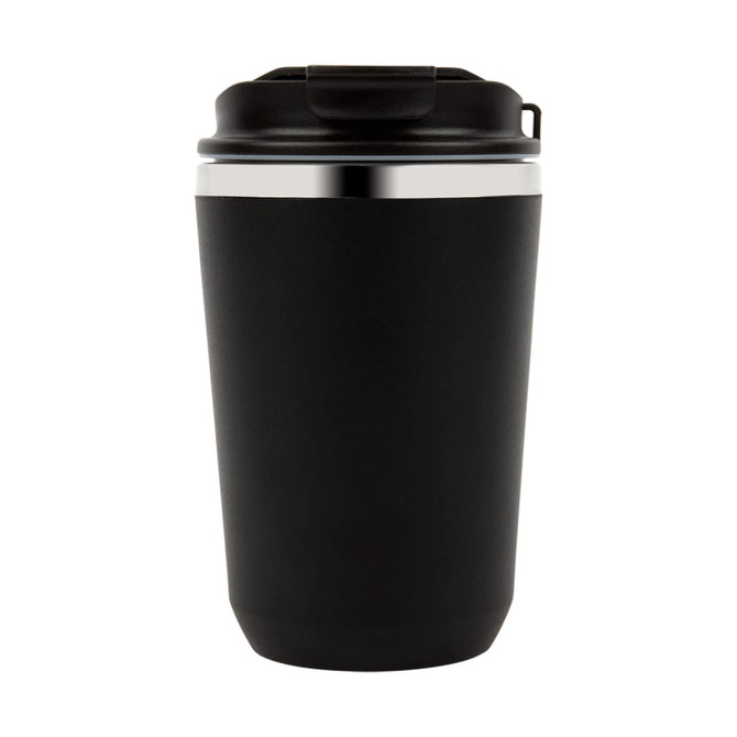 A black drink bottle with a silver band around the lid and a secure closing mechanism.