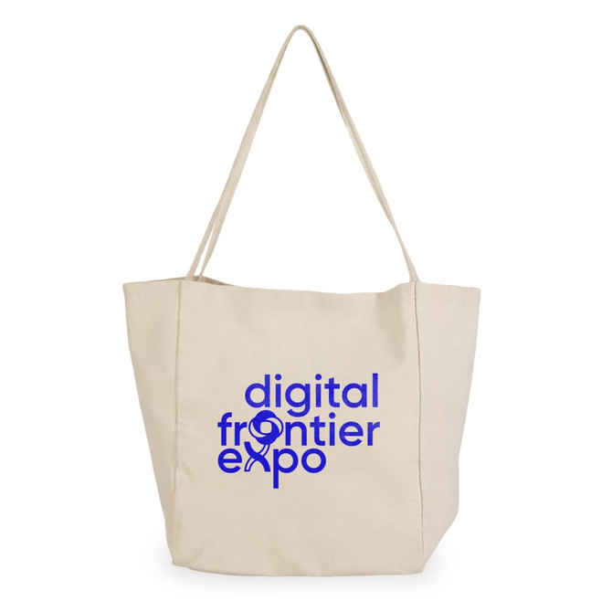 A beige tote bag with a blue logo featuring the text "digital frontier expo" on the front.