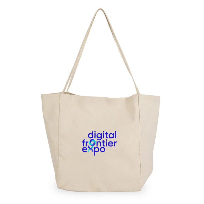 A beige tote bag featuring a logo. The bag has long handles for easy carrying.