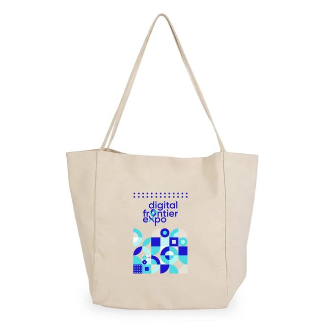 A beige tote bag featuring a logo and geometric designs in blue and teal.