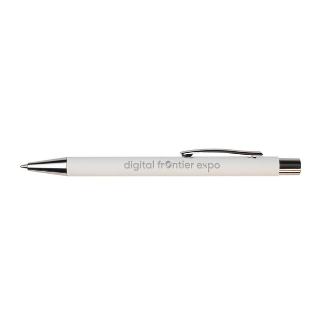 A white pen with a silver clip and tip, featuring a logo on the barrel.