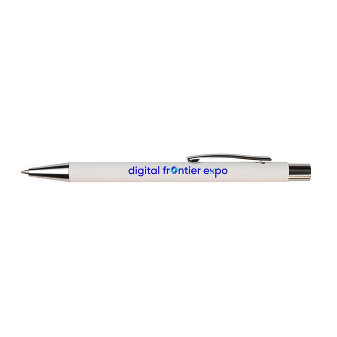 A white pen with a silver clip featuring a logo in blue text.