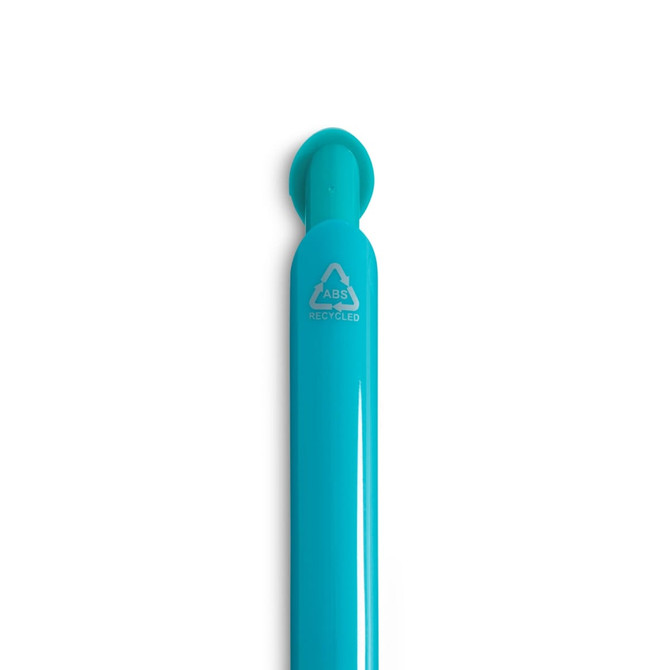 A vibrant turquoise gel ink pen with a rounded top, featuring a logo and made from recycled materials.