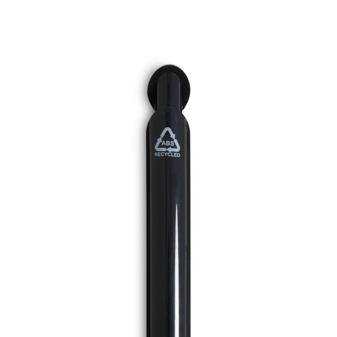 A black gel ink pen with a smooth barrel and a recycling symbol on the side. It features a branding logo.