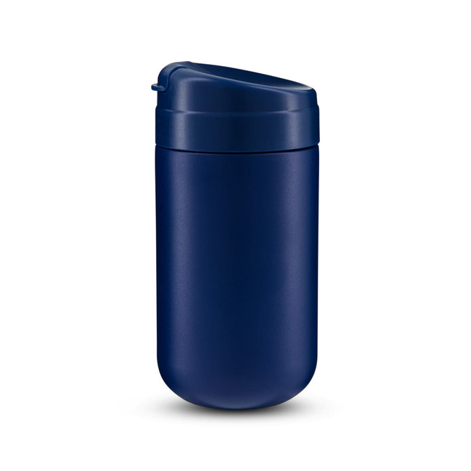 A coffee cup in a deep navy blue with a secure lid and smooth finish, featuring a subtle branding logo.