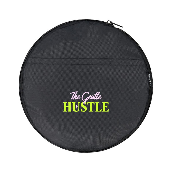 A round black bag with a zip closure, featuring a colourful logo that includes the words "The Gentle Hustle."