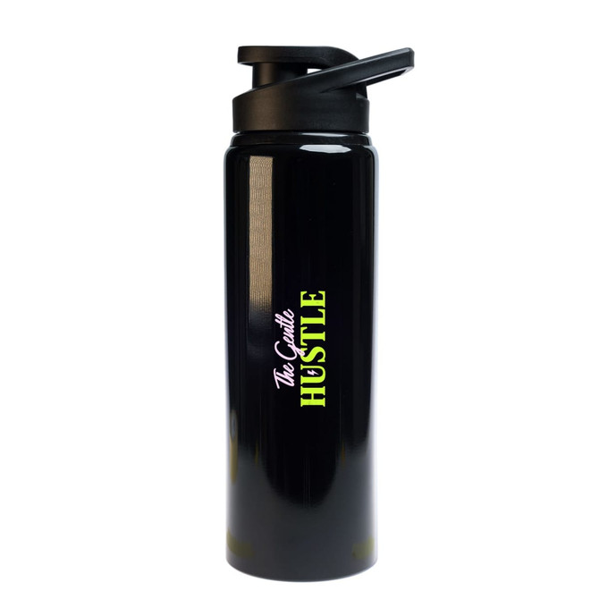 A black drink bottle with a black lid and a logo. The bottle features bold green and white lettering.