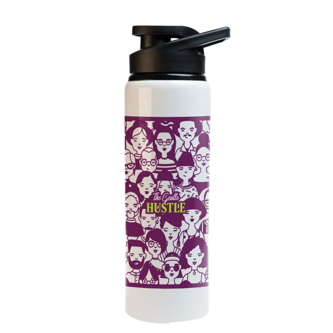A drink bottle in white with a purple design featuring various illustrated faces. It has a black spout and lid.