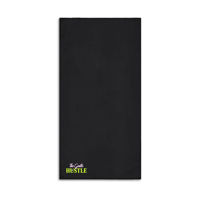A black towel featuring a logo in vibrant green at the bottom. Ideal for gym or sports use.