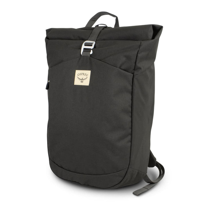 A dark green roll-top backpack featuring a front pocket and branding. It has adjustable shoulder straps and a top handle.