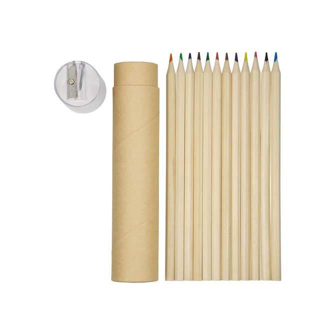 Coloured pencils in various shades, alongside a sharpener, packaged in a cylindrical tube.
