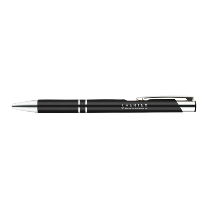 A black gel ink pen with silver accents, featuring a branding logo.