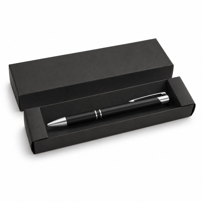 A black gel ink pen is displayed inside a black box, featuring a sleek design and silver accents.