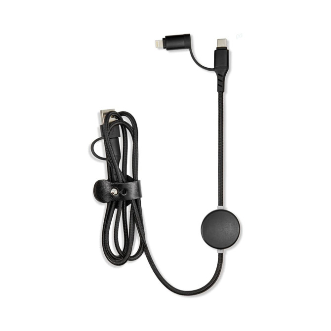 A cable with a round connector, featuring a braided design and a leather wrap for organisation.