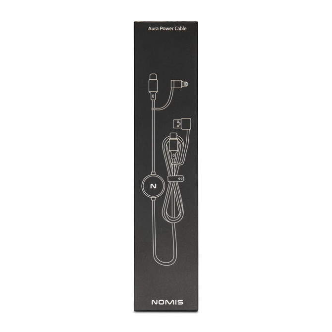 A packaging image of a black power cable, featuring a logo and a clear illustration of the cable's components.