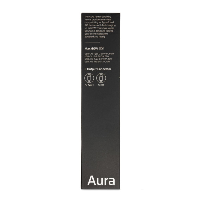 A power cable package featuring a sleek black design, compatible with Type-C devices, with two output connectors.