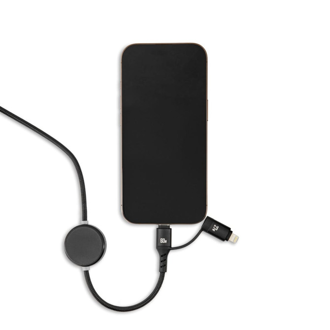 A black charging cable with a round connector, attached to a smartphone, surrounded by a sleek design.