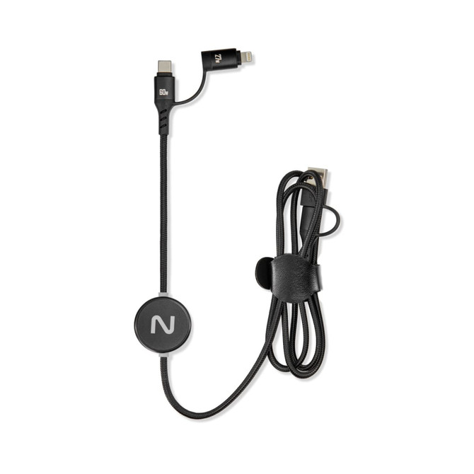 A charging cable in black with a round logo and connectors for different devices, featuring a tied-up design.