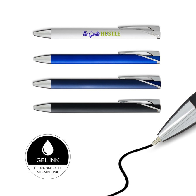 A set of four gel ink pens in white, blue, and black with silver accents and a logo on one pen.