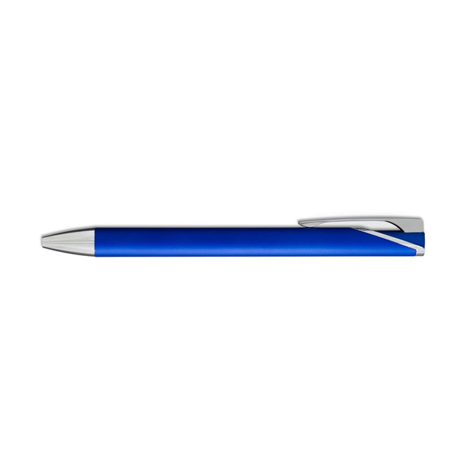 A blue gel ink pen with a silver clip and tip, featuring a sleek design and a branding logo.