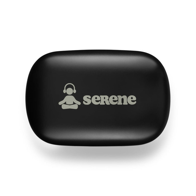 A black charging case for Loop Earbuds features a logo on the top.