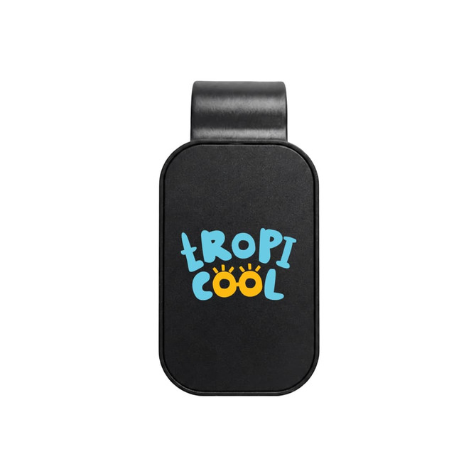 A black visor glasses holder with a colourful logo featuring the words "TropiCool".