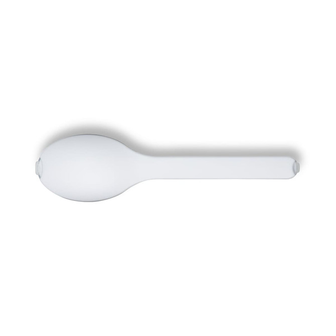 A white spoon with a smooth surface and ergonomic handle, featuring a logo on the handle.