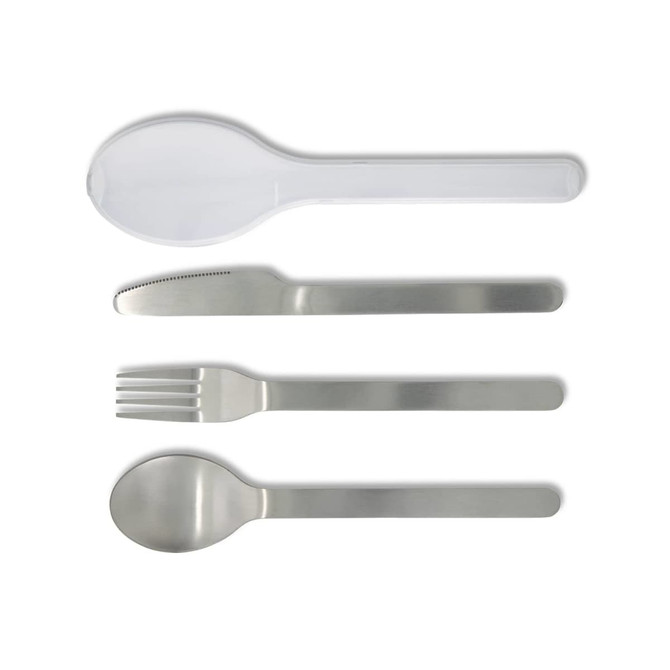 A cutlery set featuring stainless steel knife, fork, spoon, and a transparent serving spoon, arranged in a row.