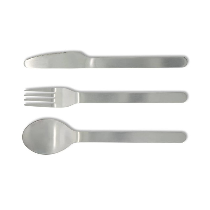A stainless steel cutlery set featuring a knife, fork, and spoon. The design is sleek and minimalistic.