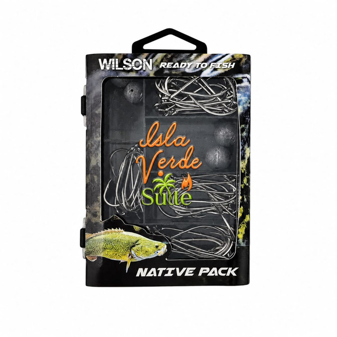 A fishing tackle pack featuring various hooks and weights, with a logo and colourful design in green and black.
