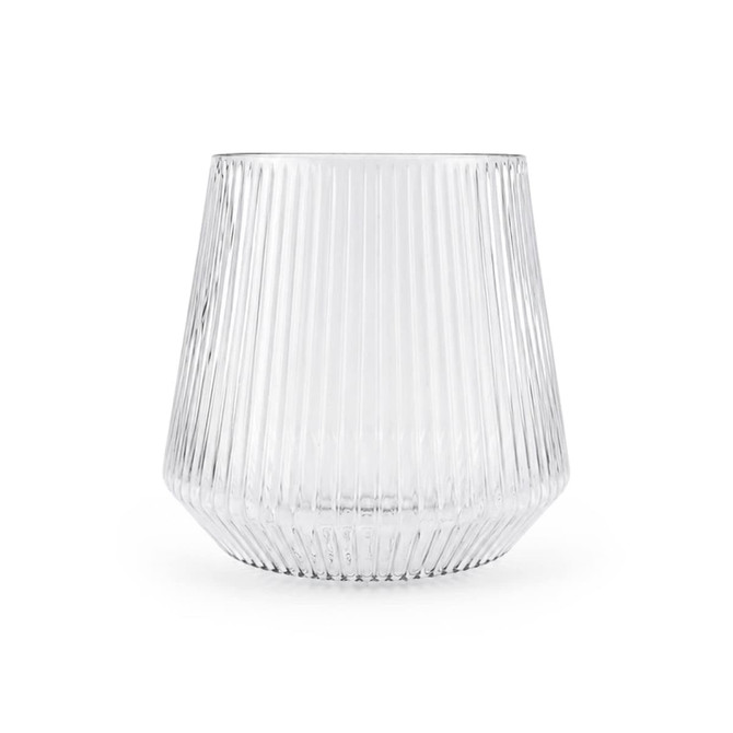 A clear, fluted glass tumbler with a rounded base and tapered top. The design features vertical lines.
