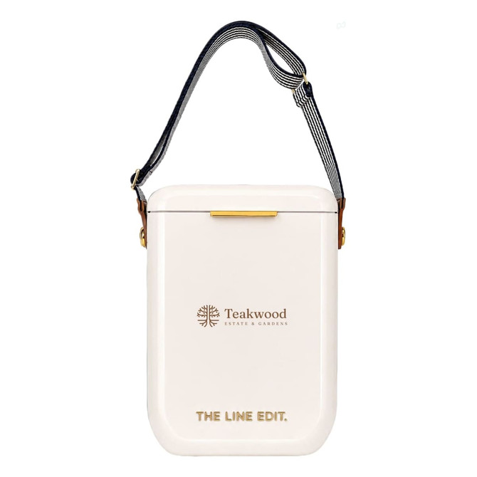 A white cooler with a strap and branding, featuring a simple design and a gold clasp.