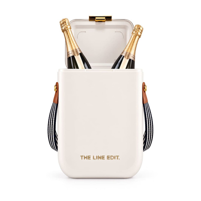 A white cooler bag with two champagne bottles inside, featuring a logo and striped handles.