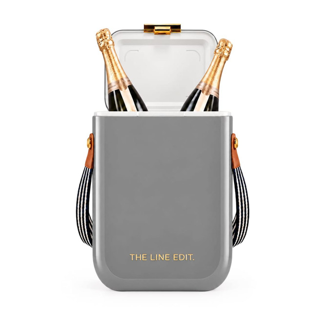 A grey cooler bag features two champagne bottles inside, with a lid open and stylish handles. It has a logo.