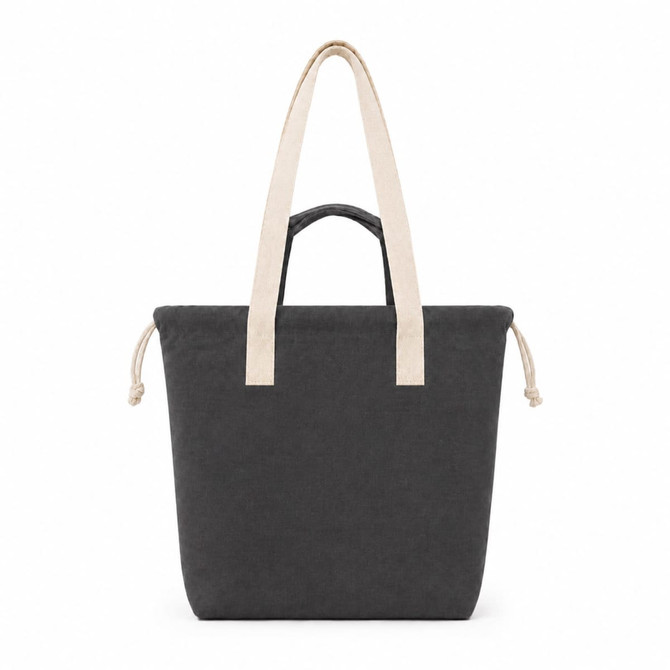 A dark grey tote bag with light beige straps and drawstring closures, featuring a simple design and a logo.