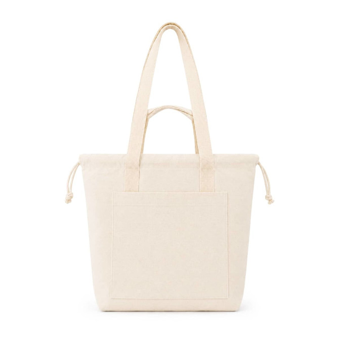 A cream-coloured tote bag with a front pocket and two handles. It features a branding logo.