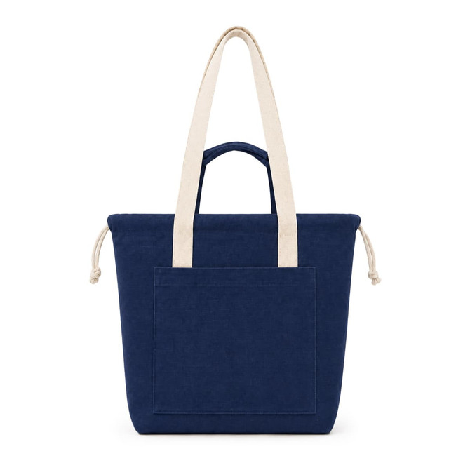 A navy blue tote bag with cream handles and a front pocket, featuring a logo on the front.