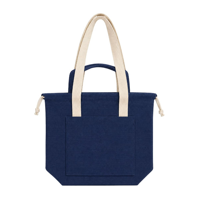 A navy tote bag with cream handles and a front pocket, featuring a branded logo.