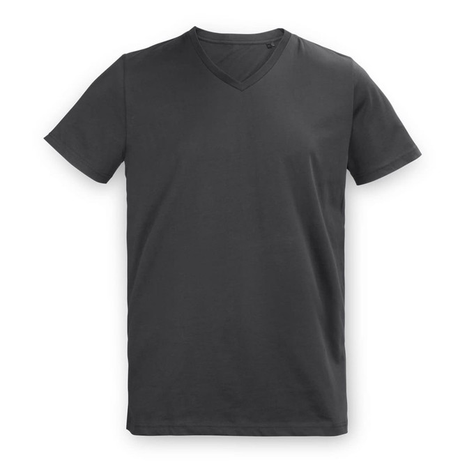 A grey men's T-shirt with a v-neck design, featuring a branding logo.