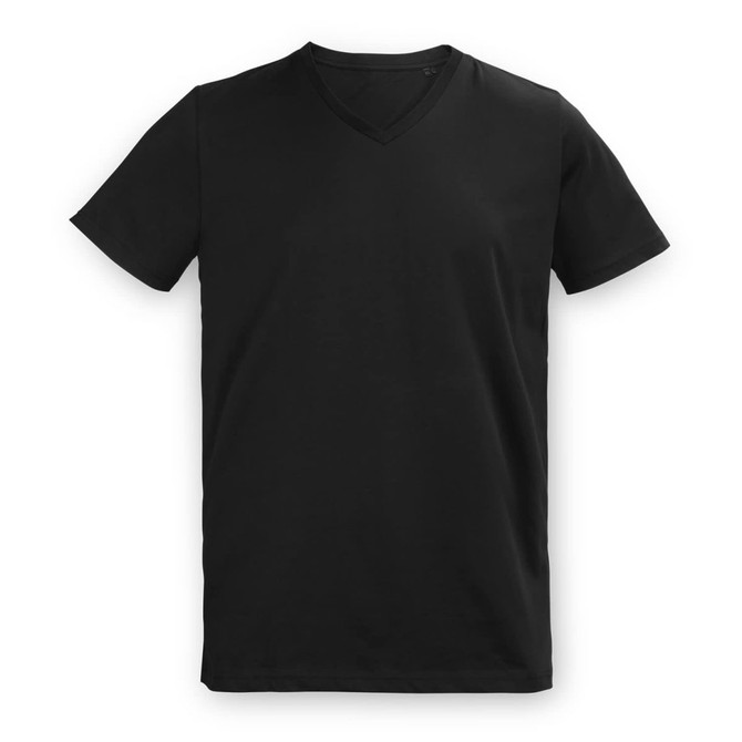 A black men's T-shirt with a V-neckline, featuring a simple design and a logo.