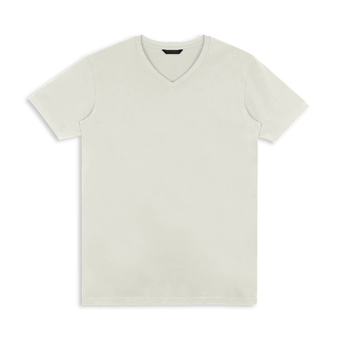 A plain white men's T-shirt with a V-neck design and short sleeves. It features a logo.