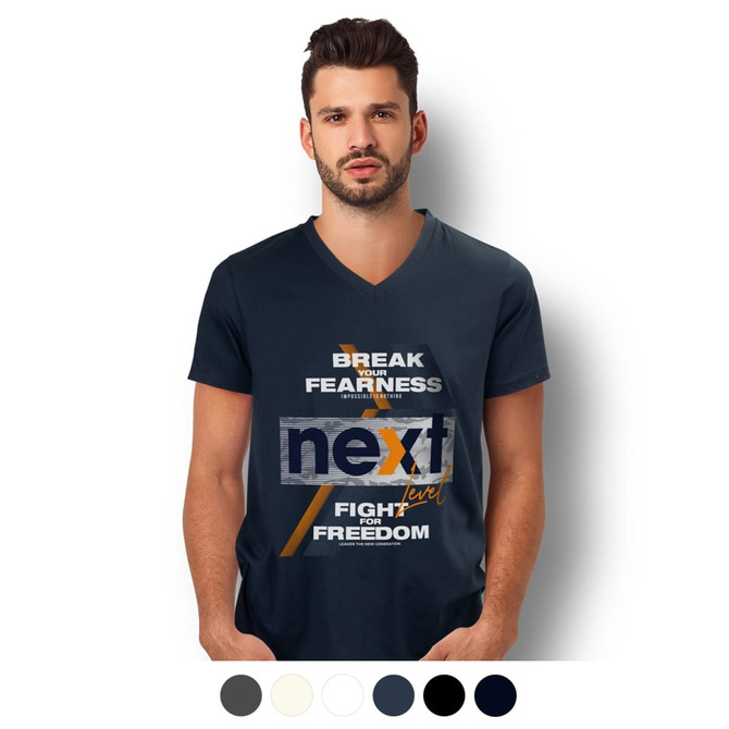 A navy V-neck men's T-shirt featuring a graphic design and branding. Available in multiple colours.