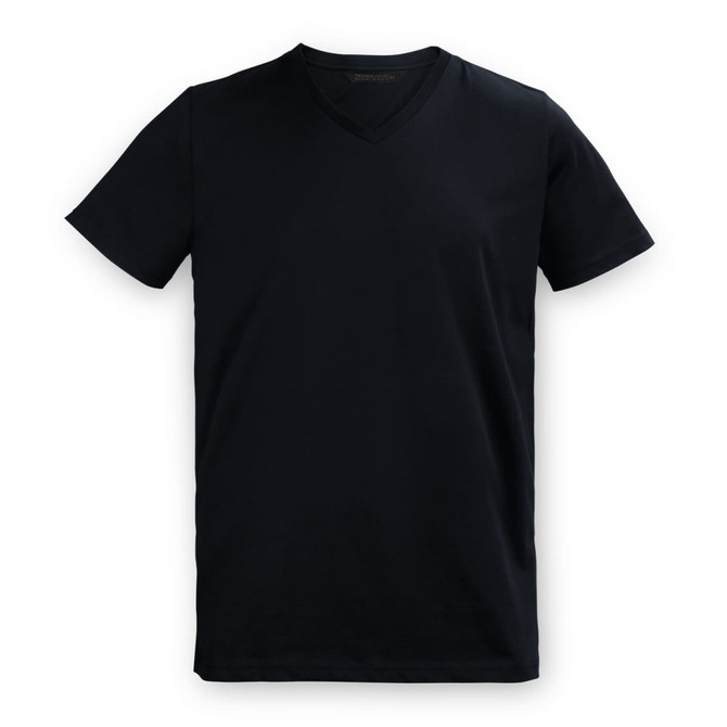 A black men's T-shirt with a V-neck design, featuring a logo on the front.