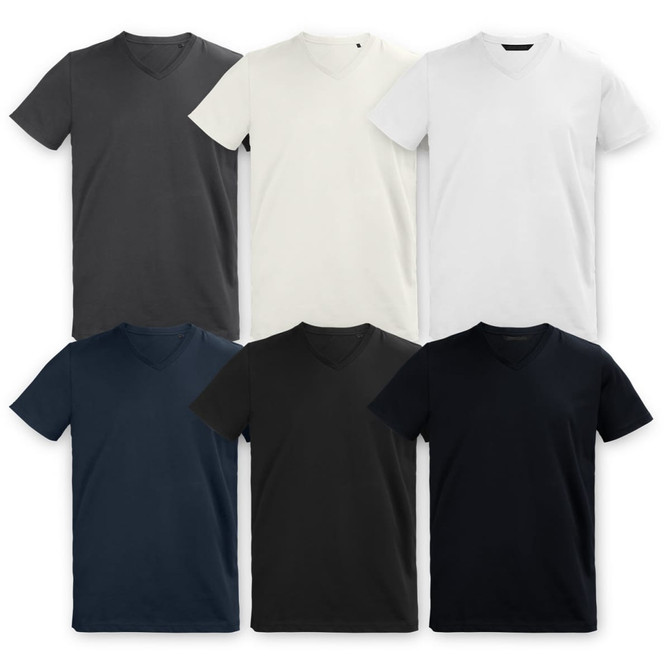 A collection of six men's V-neck T-shirts in grey, white, navy, and black, featuring varying colours and a logo.