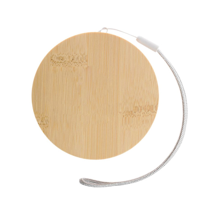 A round bamboo product with a silver attachment cord, showcasing a natural wood finish.