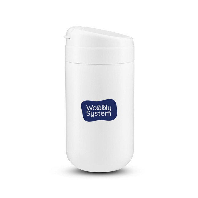 A white coffee cup with a lid and a logo on the front.