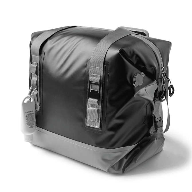 A foldable cooler bag featuring a sleek black and grey design with zippers and straps. It includes a side bottle holder.