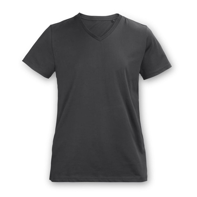 A grey women's V-neck T-shirt with short sleeves and a simple design, featuring a branding logo.
